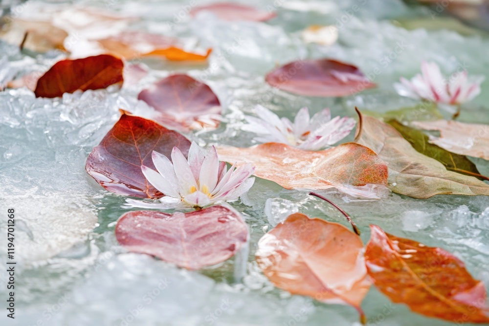 Poster a serene scene with leaves floating on the surface of the water, perfect for a calming atmosphere