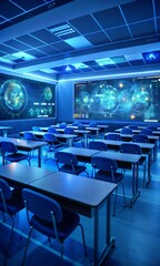Futuristic classroom with blue lighting and digital displays on the walls