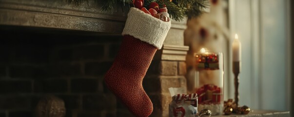 A Christmas stocking filled with small toys and candy hanging on a mantel, 4k photo.