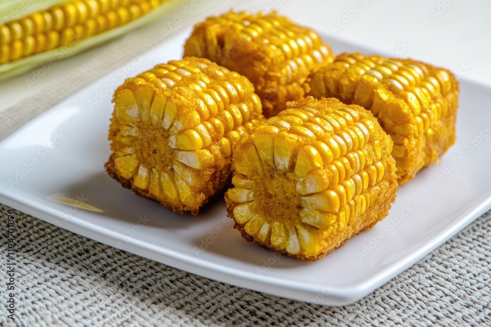 Poster a simple still life image of a white plate topped with corn, placed on a table