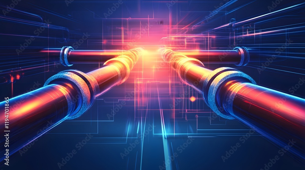 Poster a blue and red image of pipes with a red line in the middle. the image has a futuristic feel to it
