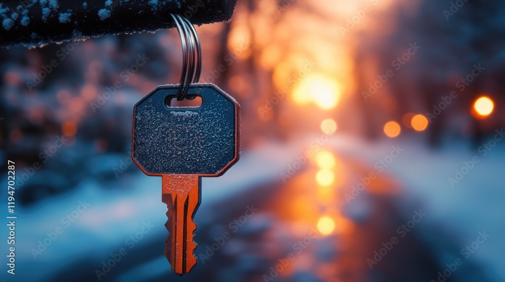 Poster a bunch of keys hanging from a hook in snowy environment, perfect for winter-themed projects