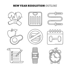Set of New Year Resolution icon outline collection with line art style, gym, no smoking, loss weight, workout, diet, healthy lifestyle, watch, no fast food, flat vector illustration.