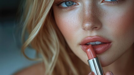 Close-up of a woman applying lipstick with her mouth