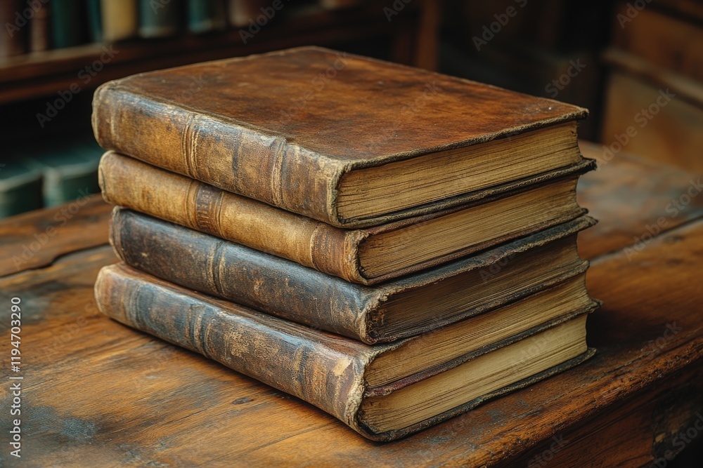 Poster A stack of books placed on a wooden table, ready for reading and learning
