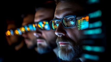 Programmers working late at night, code reflected in glasses.