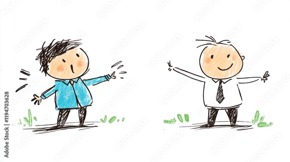 Poster two cartoon characters in minimalist style expressing joy and surprise in a playful environment