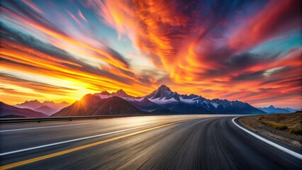Asphalt Road Curves Through Majestic Mountain Range at Sunrise with Vibrant Sky