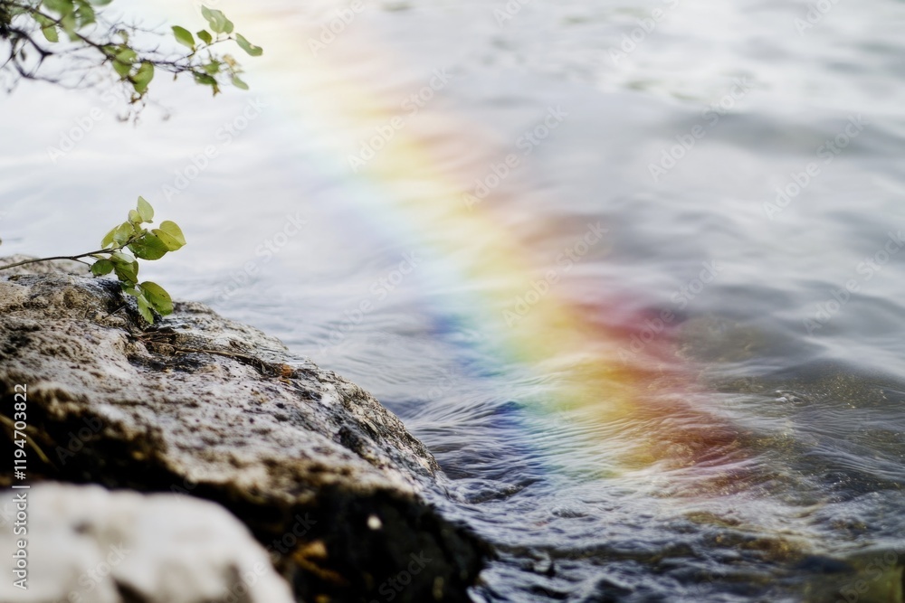 Aufkleber a rainbow appears as a reflection on calm water, ideal for use in designs related to nature and sere