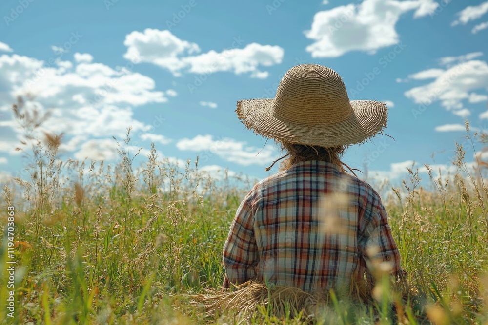 Poster a person relaxing in a field of tall grass with a serene landscape