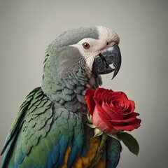 Obraz premium A parrot clutching a rosebud close to its chest, the bloom perfectly centered, with soft lighting accentuating textures on white.