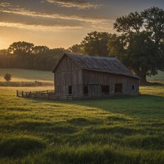 Obraz premium A peaceful countryside at dawn with a rustic barn in the distance.