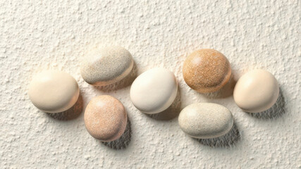 Smooth, sunlit pebbles resting on fine sand, creating a natural and minimalist composition. Perfect for spa, wellness, relaxation, and nature-inspired backgrounds
