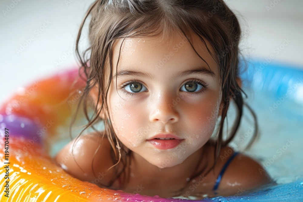Poster a young child enjoying time on a floating raft in a swimming pool, perfect for illustrations of chil