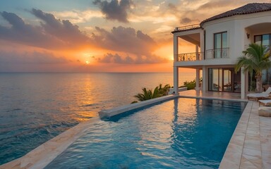 Obraz premium Embark on a luxurious vacation trip to a stunning villa panoramic view of sea and ocean stretches out before you, offering a breathtaking sight of sunrise and sunset, creating a vibran 