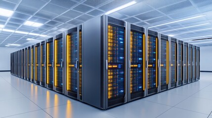 A high-tech data center with glowing servers, intricate cables