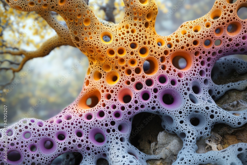 Poster a close-up view of a colorful, sponge-like structure features vibrant holes, creating an abstract sc