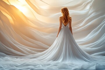 Woman in flowing white gown, back view, sunset.