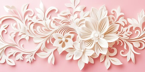 Intricately laser-cut ivory floral design on pink background showcasing delicate shapes and layers with prominent flowers and elegant foliage arrangement