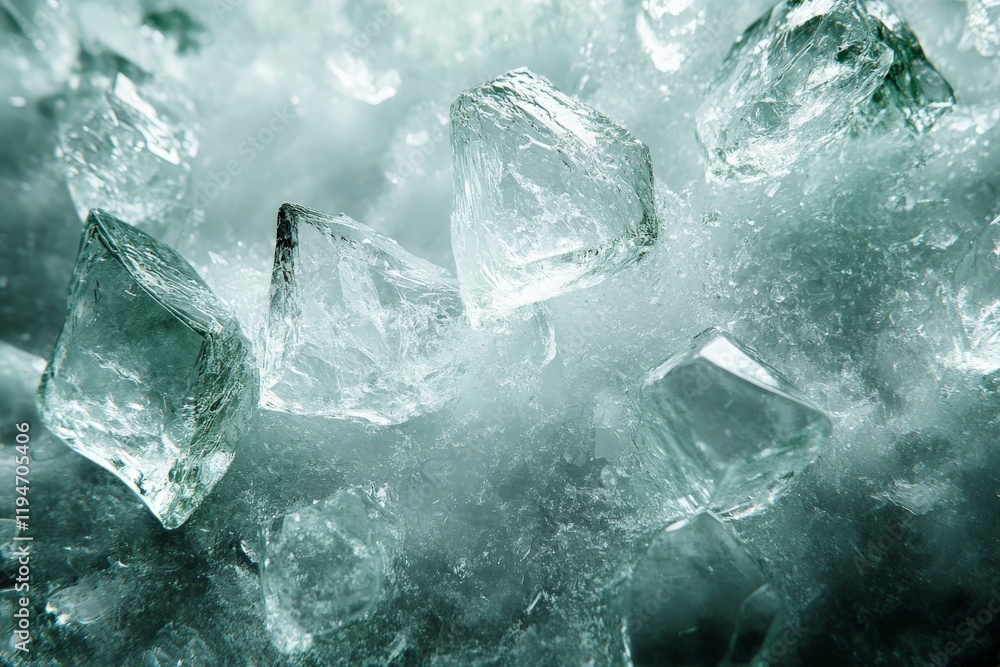 Poster close-up of pristine, greenish ice shards showcases a crystalline structure in refreshing cool tones