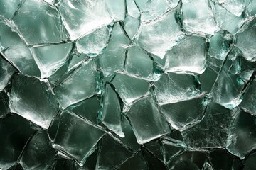 This image presents a detailed close-up of shattered glass, creating a textured pattern that evokes themes of destruction and elegance, highlighted by green hues.