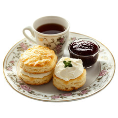 Elegant Tea Setting with Scone, Clotted Cream, and Jam on Plate