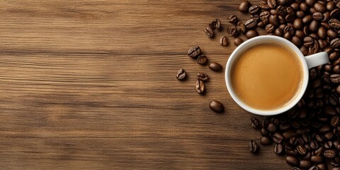 A white coffee cup filled with brown coffee sits beside roasted coffee beans on a rustic wooden surface with ample copy space on the left