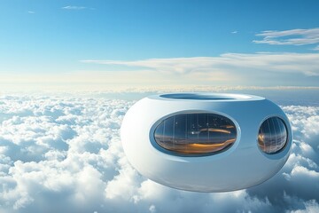 A sleek, futuristic sky pod floats above the clouds, featuring a curved, glass-enclosed design and a spacious interior exuding a sense of modernity.