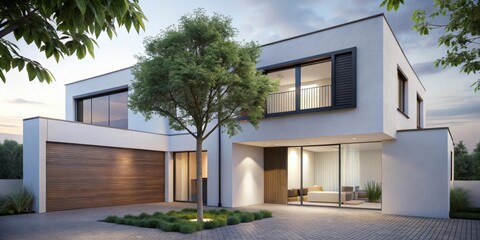 Fototapeta premium Modern Architectural Design of a Luxurious Two-Story Home with a Wooden Garage Door