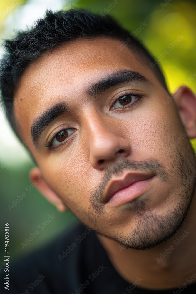 Poster a close-up photo of a man wearing a black shirt, ideal for use in personal or professional projects 