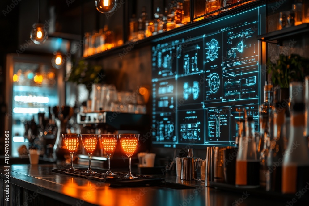 Poster a bar with high-tech neon-lit interface displays showcasing futuristic drink arrangements, blending 