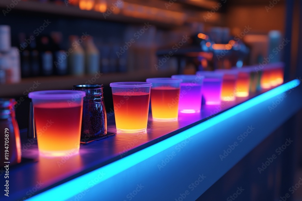 Poster A line of glowing neon drinks on a bar counter, creating an ambient, futuristic atmosphere with vibrant colors, symbolizing innovation and modern lifestyle trends.