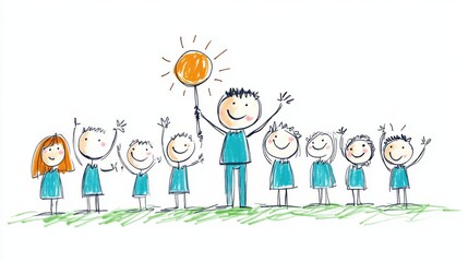 Happy Children Group Celebrating Together with Colorful Drawing Style and Bright Sun Illustration
