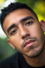 Obraz premium A close-up photo of a man wearing a black shirt, ideal for use in personal or professional projects where a subtle focus on the subject is needed