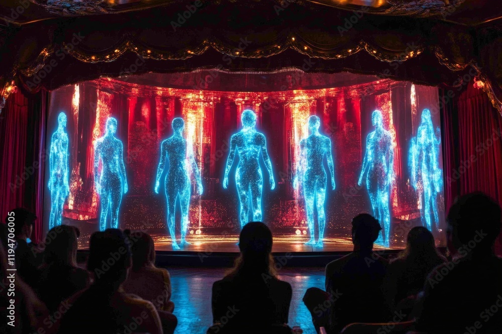 Poster a captivating theatrical performance showcasing blue holographic figures on stage, blending art and 
