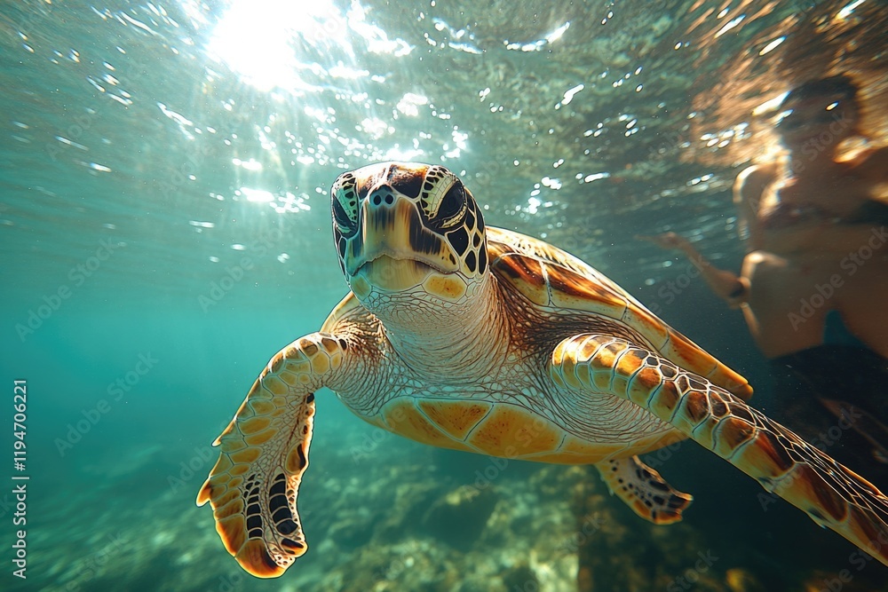 Poster a turtle swims in the water while a person stands in the background, creating an interesting scene