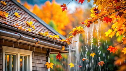 Autumnal rain cascading from a house's gutter, leaves clinging to the roof and falling