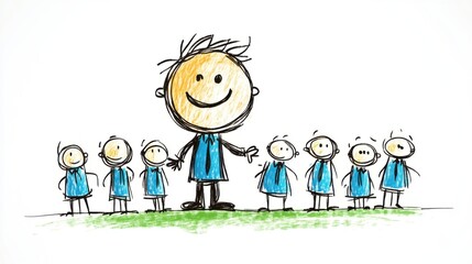 Fototapeta premium Happy Teacher Surrounded by Enthusiastic Children in Colorful Hand-Drawn Illustration