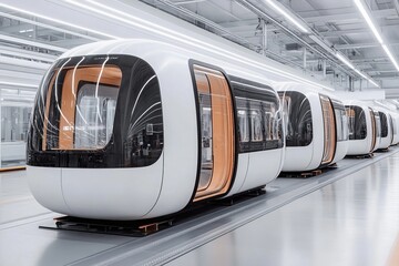 Three sleek, automated shuttle pods with a white and black exterior and orange interiors are neatly lined up in a modern manufacturing facility.