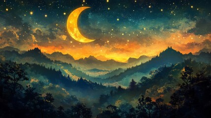 Naklejka premium Golden Crescent Moon Over Misty Mountain Forest