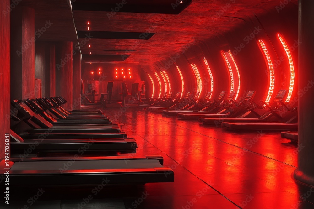 Poster a futuristic, sleek gym environment with red lighting highlights an array of advanced treadmills in 