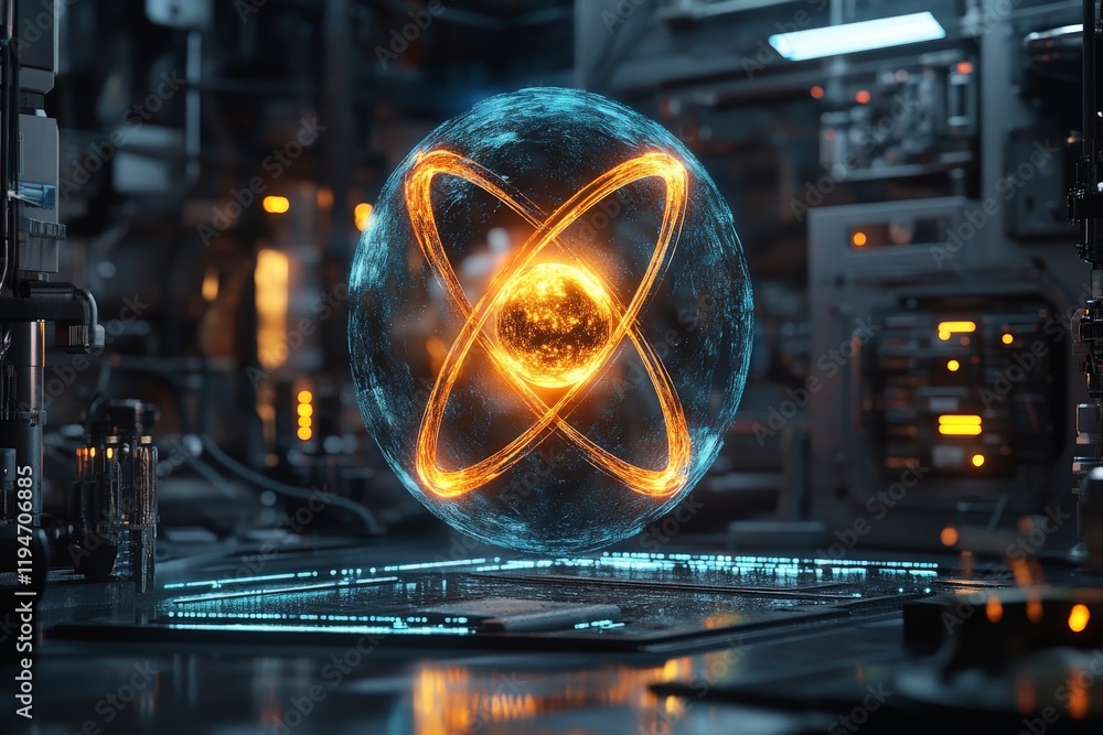 Poster an orange-glowing atomic structure with swirling orbits floats amid cutting-edge equipment in a high