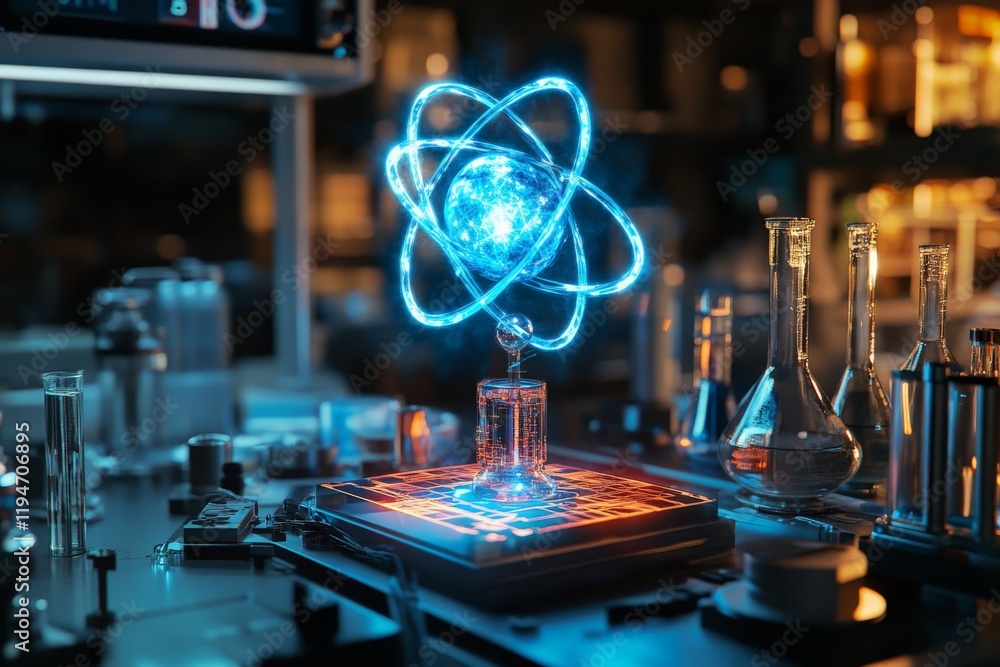 Poster a glowing atomic model with blue energy orbits is suspended above an illuminated digital platform, s