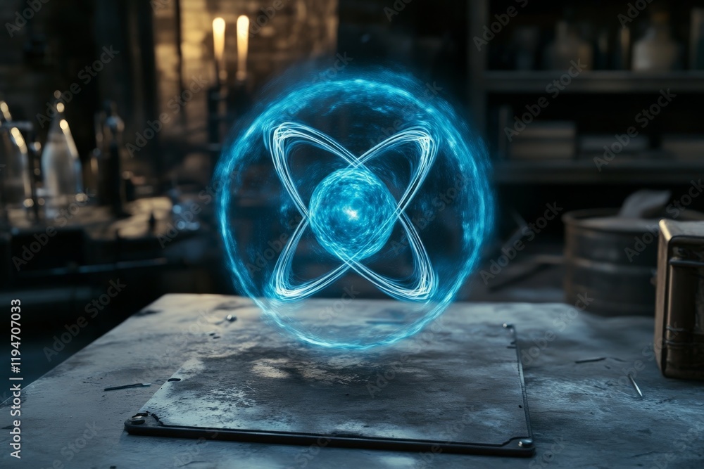 Poster A rustic laboratory environment is complemented by a glowing holographic atomic orb, symbolizing the blend of traditional and futuristic scientific exploration.
