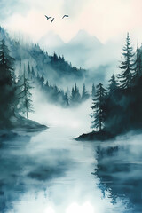 The misty forest. Watercolor illustration