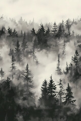 The misty forest. Watercolor illustration