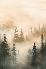 The misty forest. Watercolor illustration