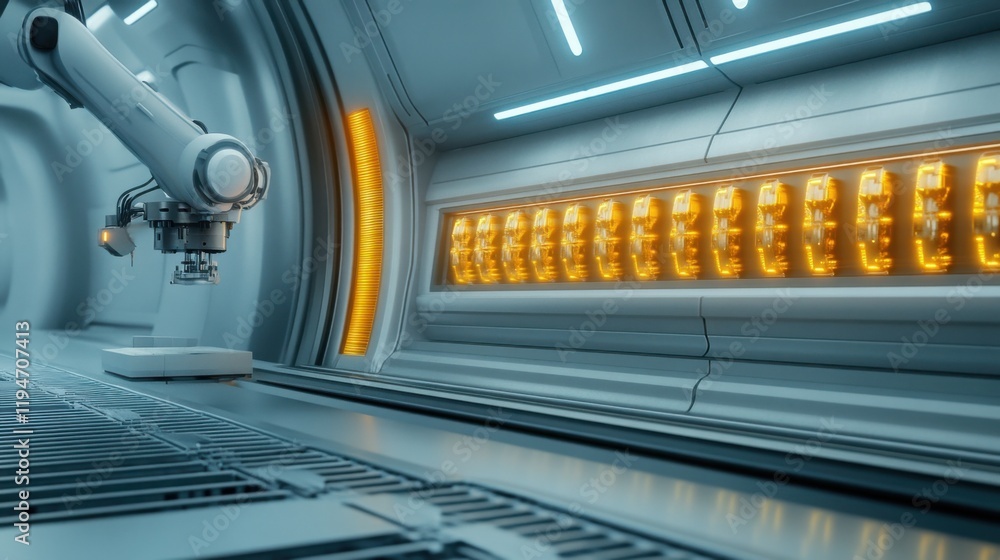 Poster a robotic arm assembling intricate components in a futuristic factory, surrounded by automated syste