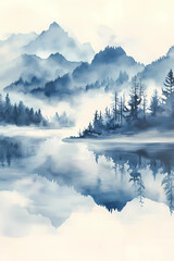 The misty forest. Watercolor illustration