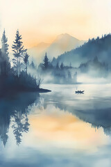 The misty forest. Watercolor illustration